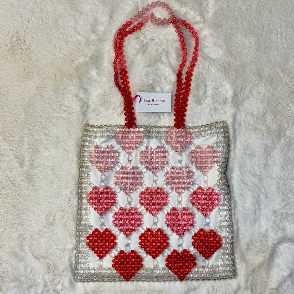 Isaac Mizrahi Beaded Red and Pink Heart Tote Purse